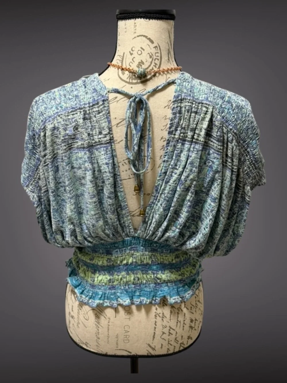 FREE PEOPLE Next Vacation M Top Deep V-Neck Wide Smocked Waist Pretty Blues NWT